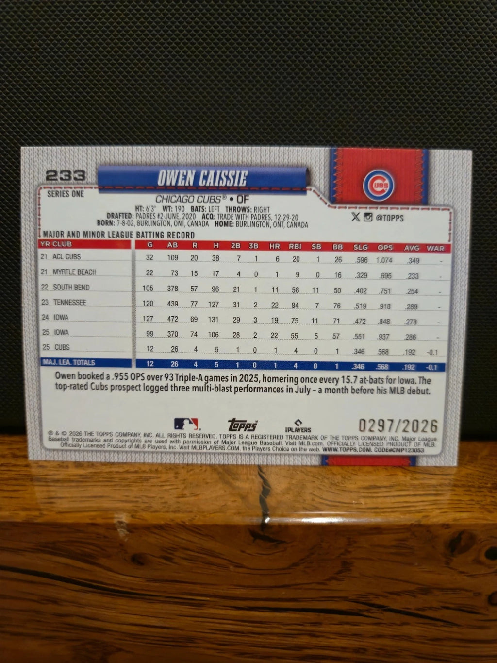 2026 Topps Series 1 Owen Caissie Rookie Card #233 – Gold Parallel  /2026