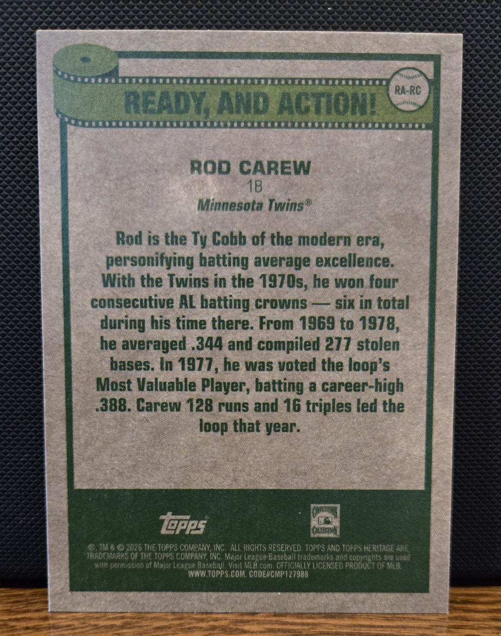Topps Heritage 2026 – Ready and Action Insert – Rod Carew #RA-RC Minnesota Twins