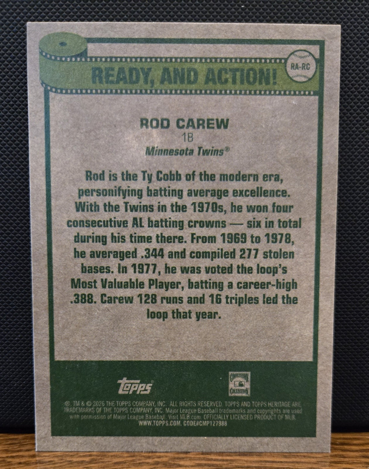 Topps Heritage 2026 – Ready and Action Insert – Rod Carew #RA-RC Minnesota Twins