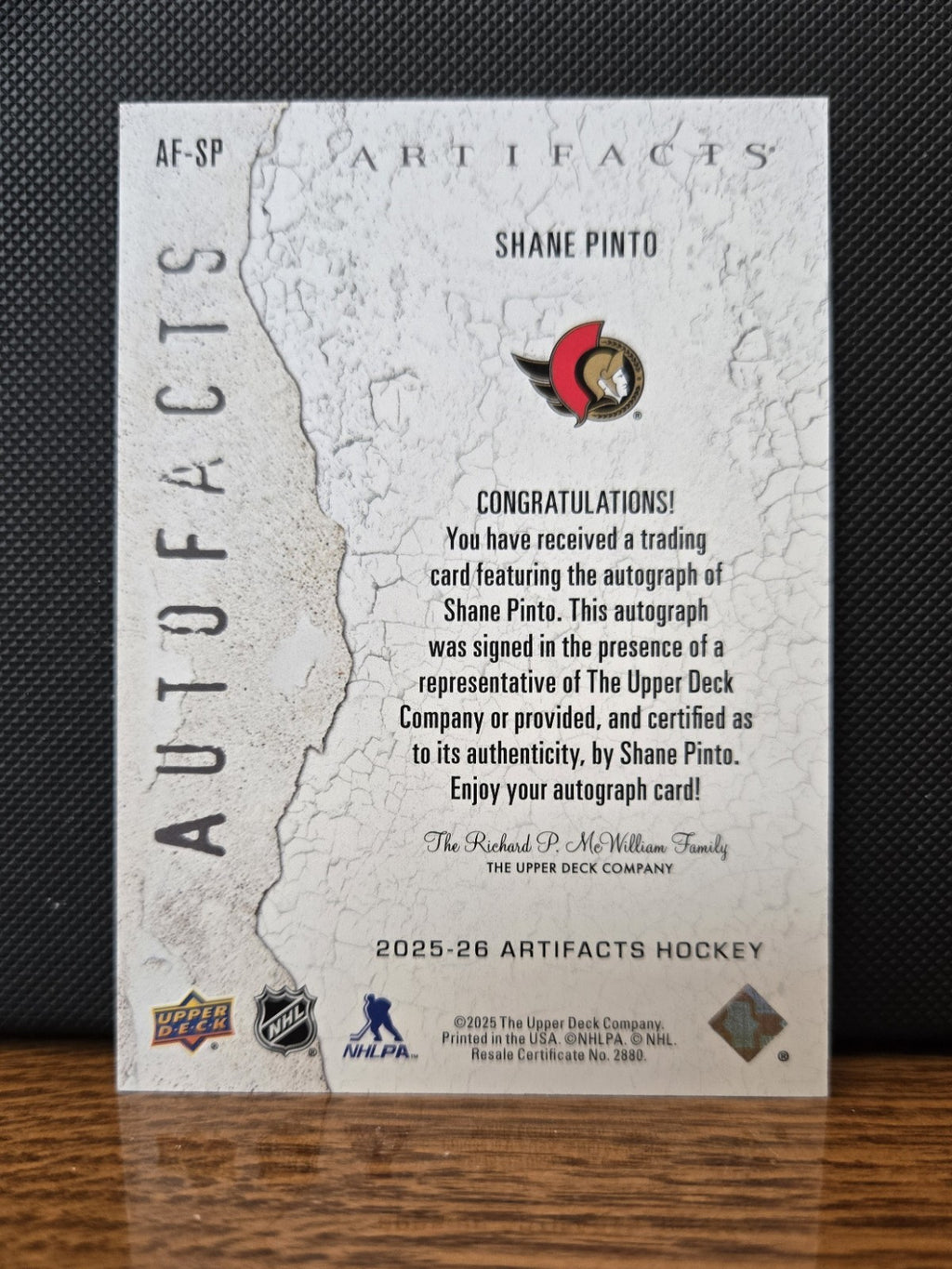 Upper Deck 2025-26 – Artifacts Autofacts Auto – Shane Pinto – Ottawa Senators