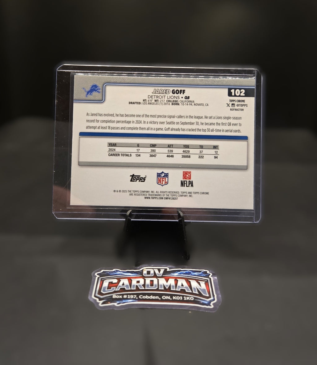 2025 Topps Chrome – Jared Goff #102 – Pink X-Fractor – Detroit Lions