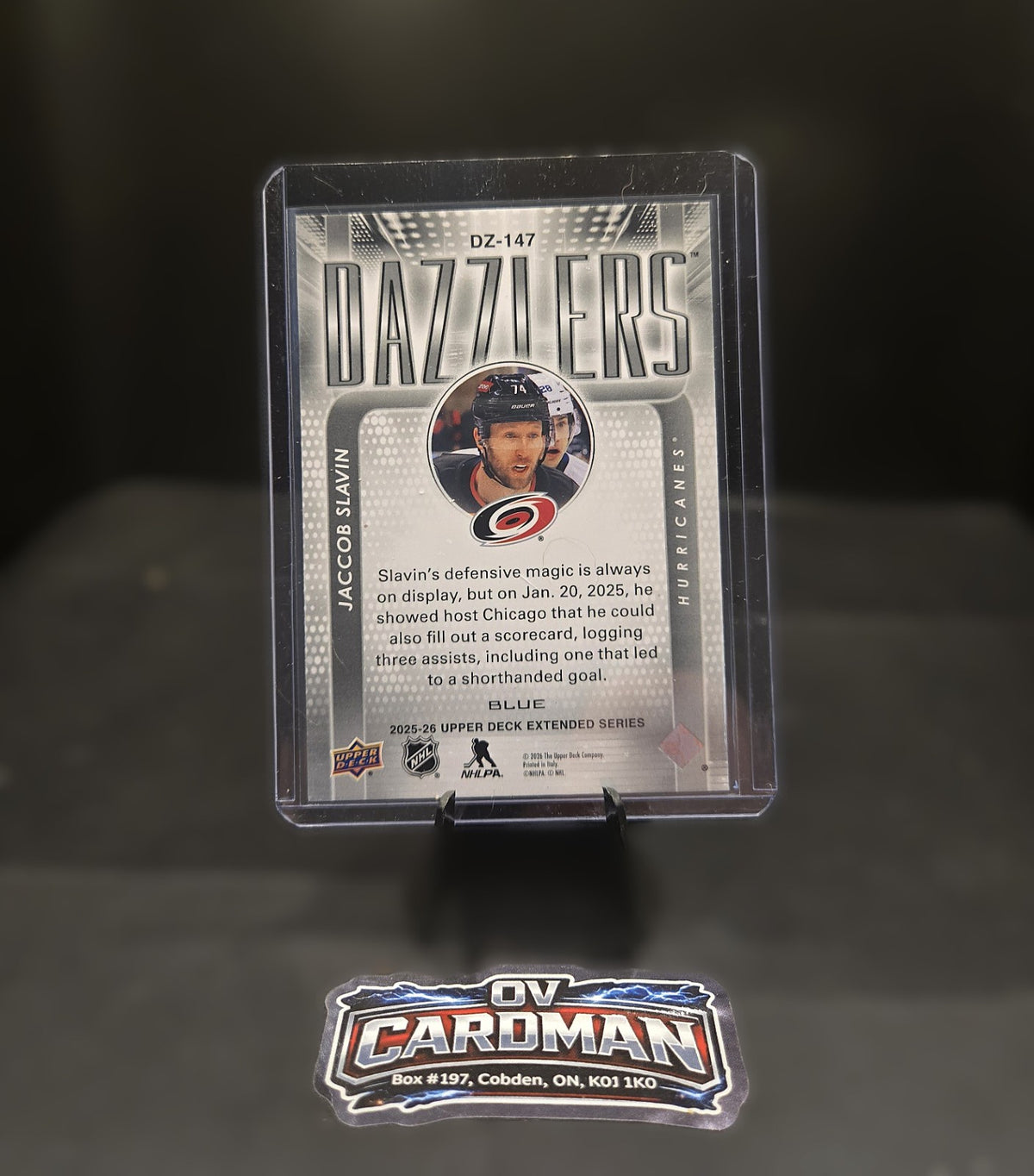 2025-26 Upper Deck Silver Outburst USA Jacob Slavin + Dazzler & OPC Sunset