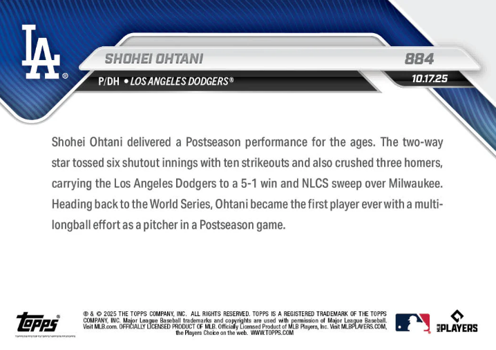 Shohei Ohtani - 2025 MLB Topps NOW® - Card 884 10 SO and 3 HR Card NLCS