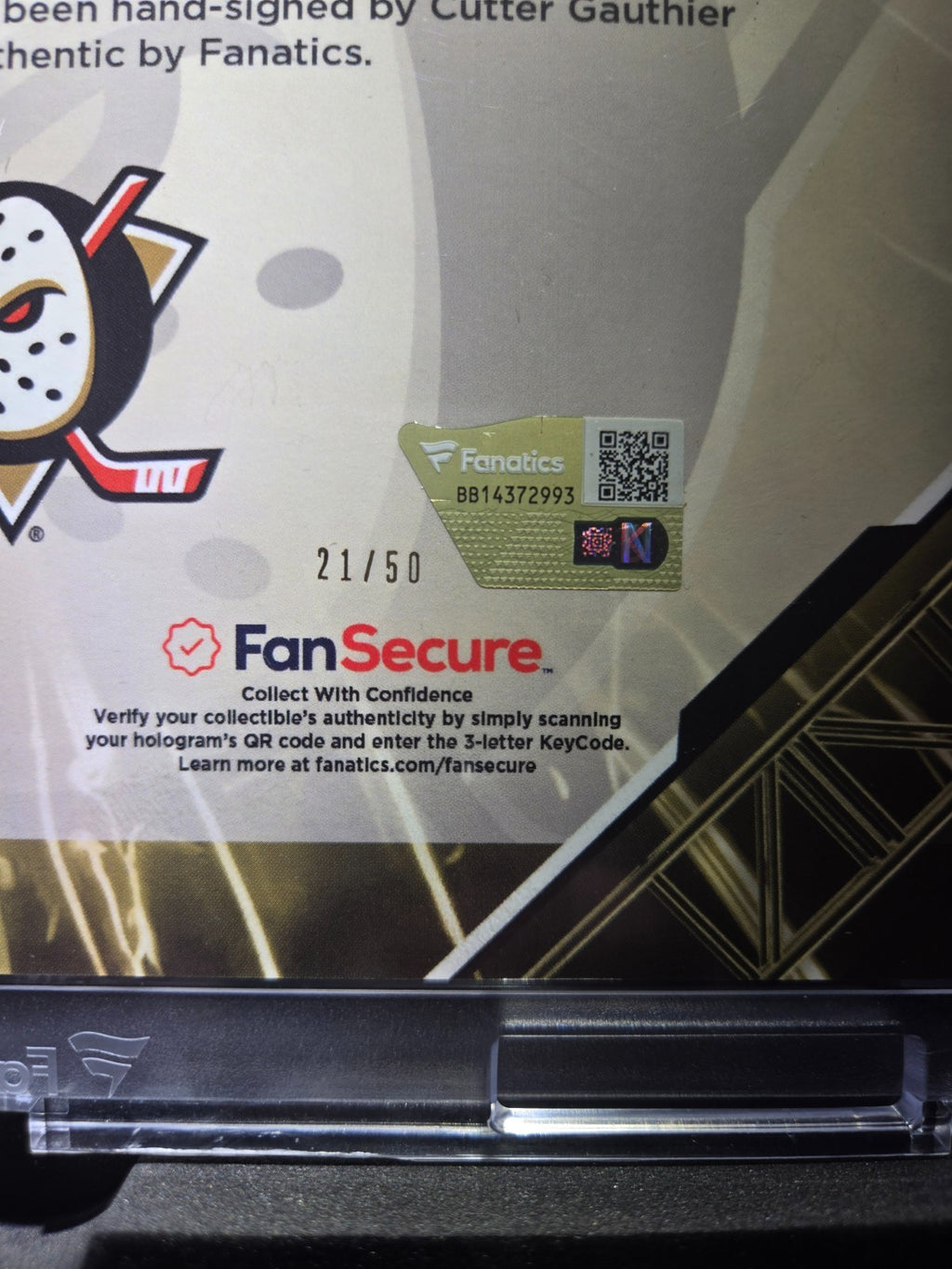 2026 Fanatics Under Wraps Emanate Hockey Cutter Gauthier /50 Gold Anaheim Ducks