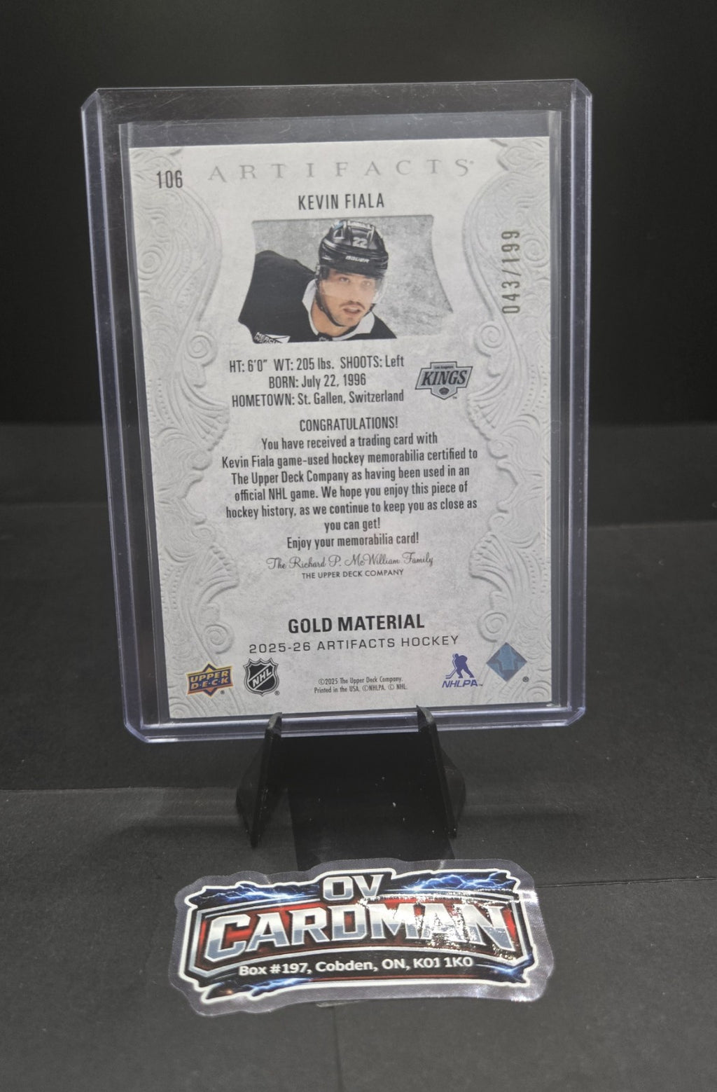 2025-26 Upper Deck Artifacts – Gold Material Dual Patch – Kevin Fiala /199 Kings