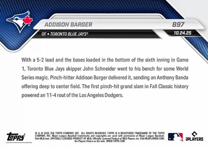 Addison Barger - 2025 MLB Topps NOW® - Card 897 - 1st Pinch Hit GS in WS 