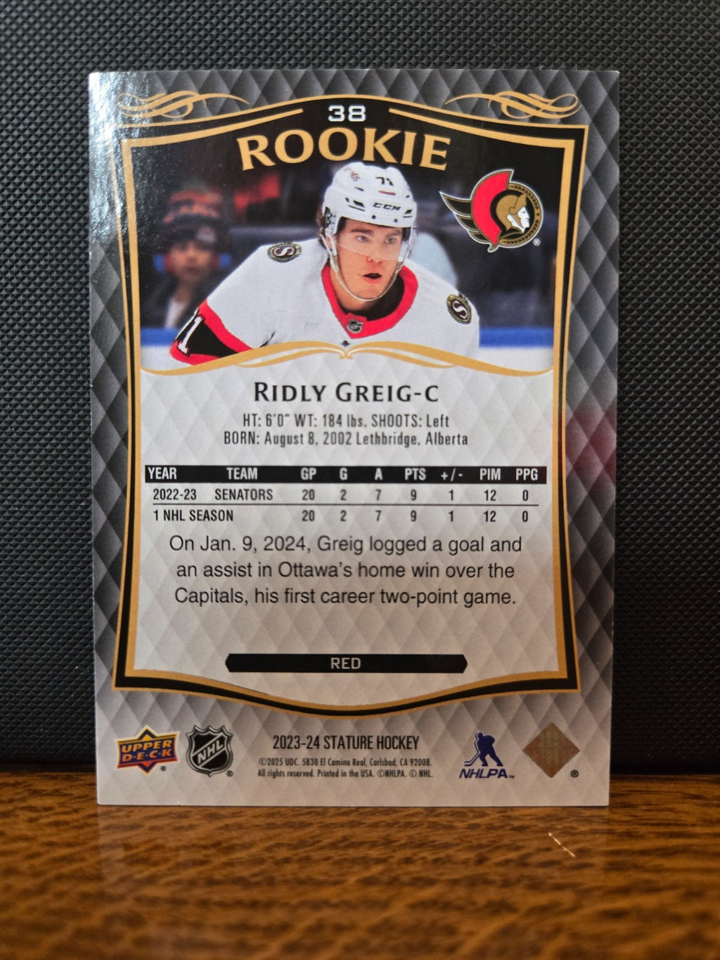 Upper Deck 2023-24 – Stature Red Rookie /249 – Ridly Greig #38 – Ottawa Senators