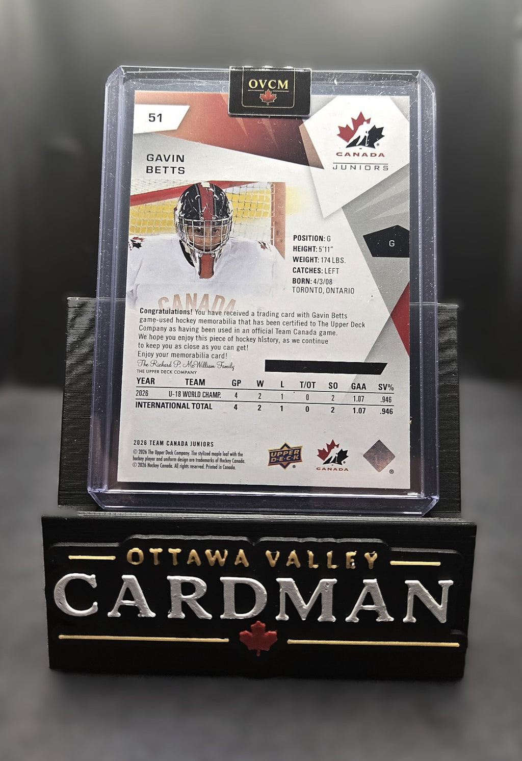 2026 Upper Deck Team Canada Juniors Gavin Betts Jersey #51 Goalie