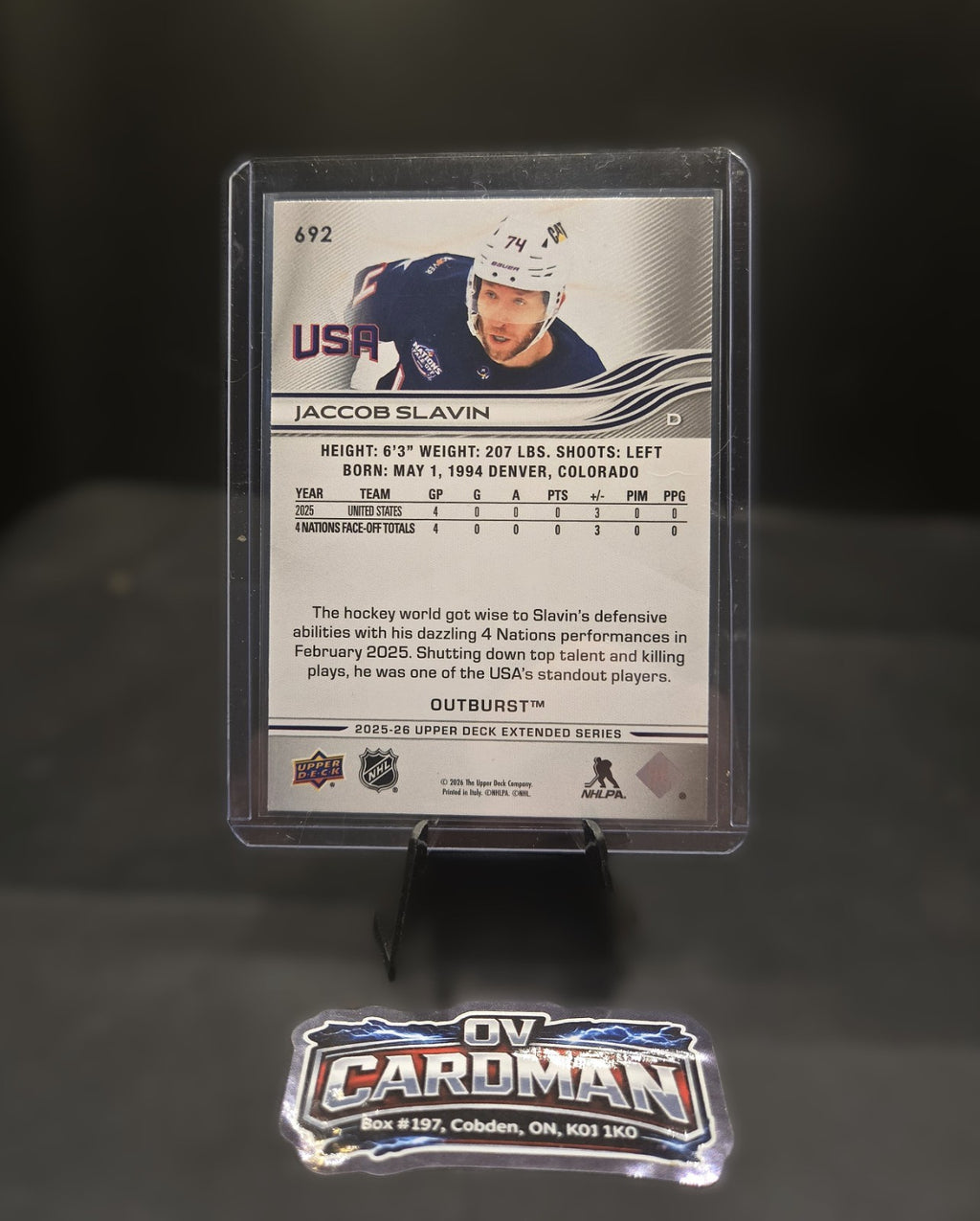 2025-26 Upper Deck Silver Outburst USA Jacob Slavin + Dazzler & OPC Sunset