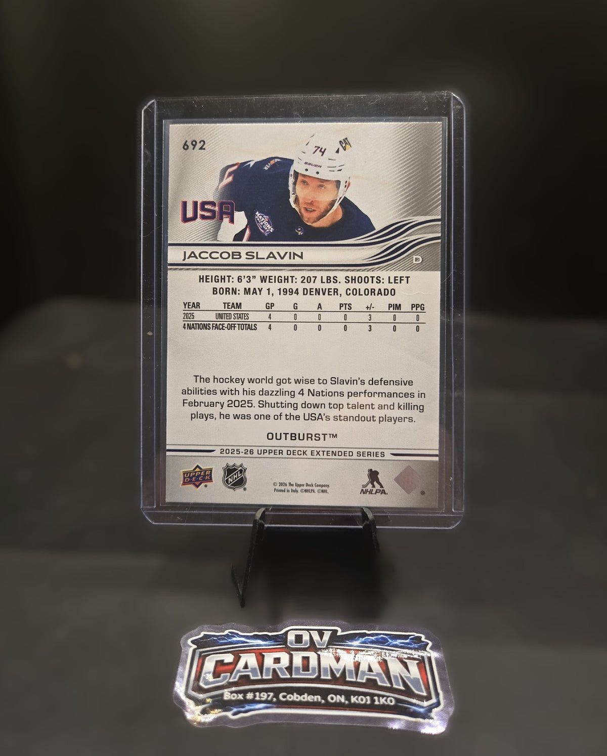 2025-26 Upper Deck Silver Outburst USA Jacob Slavin + Dazzler & OPC Sunset