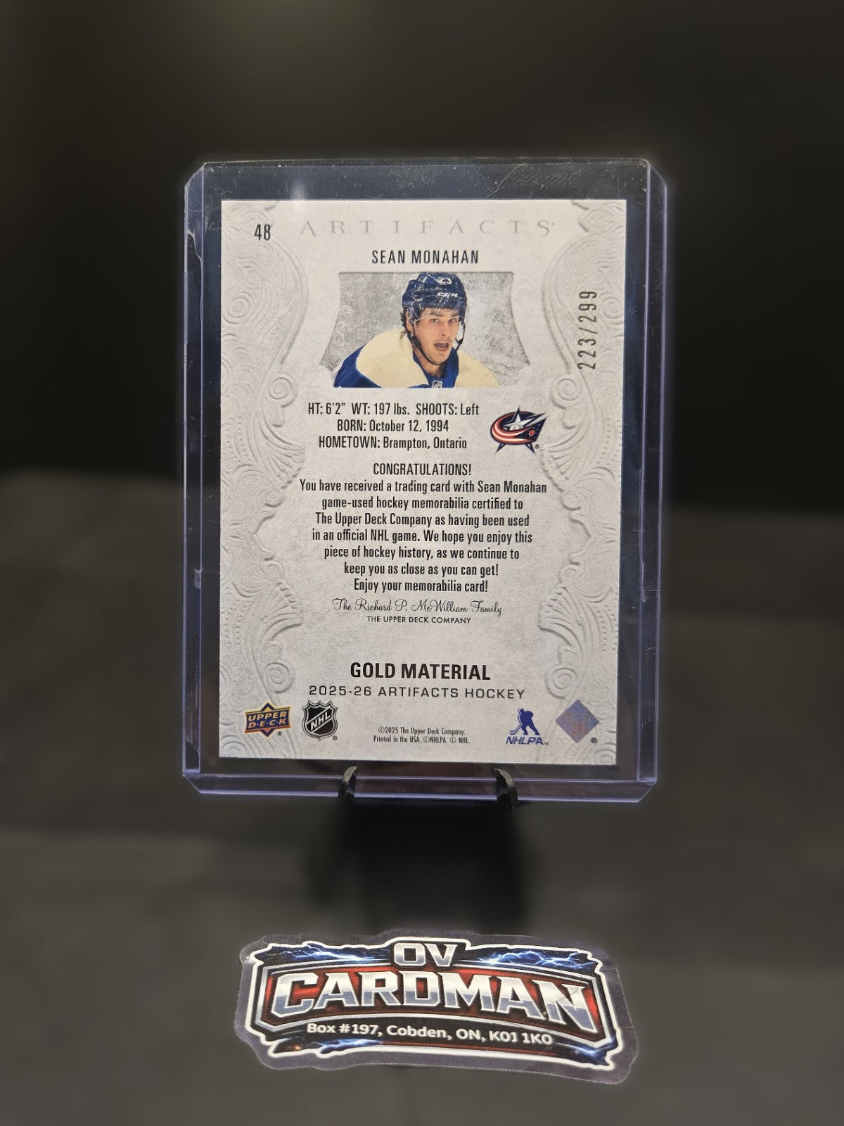2025-26 Upper Deck Artifacts Gold Material Sean Monahan /239  Blue Jackets