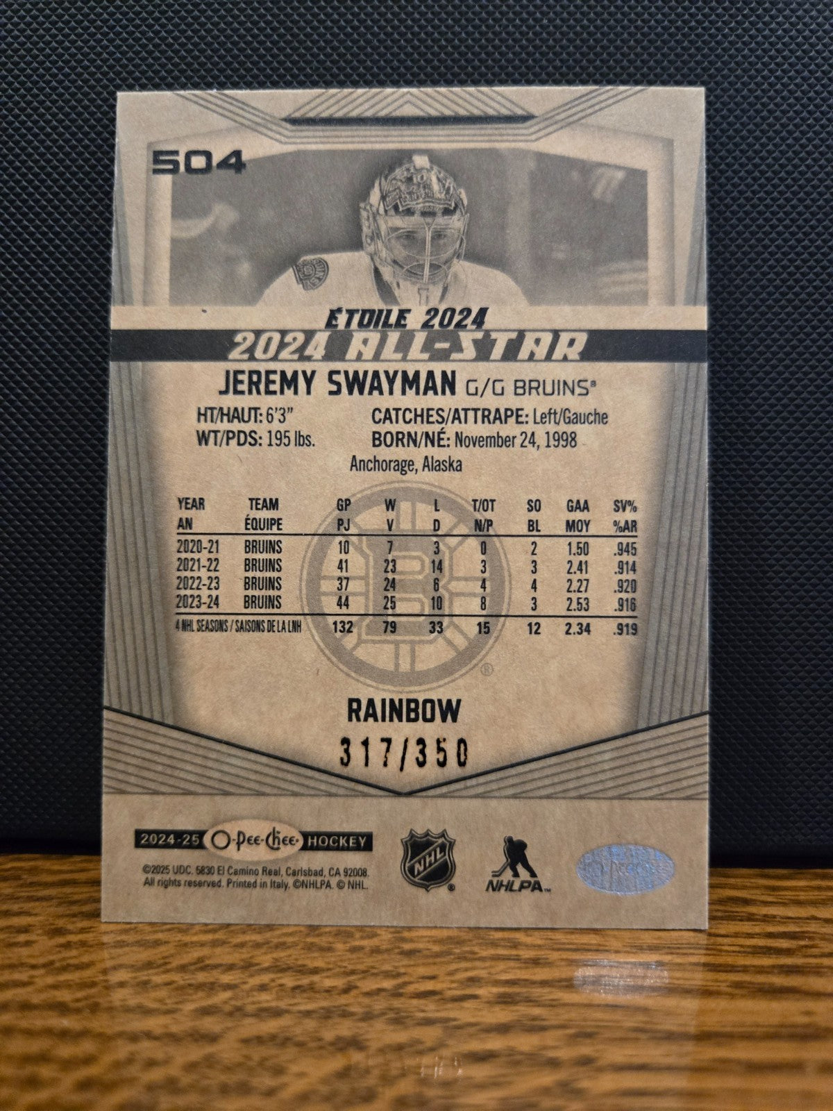 Jeremy Swayman All-Star Rainbow /350 – 2024-25 O-Pee-Chee #504