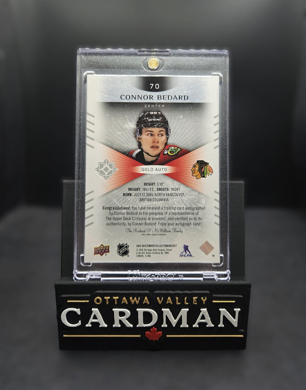 2025-26 Upper Deck Ultimate Connor Bedard Gold Auto /15 #70 Blackhawks