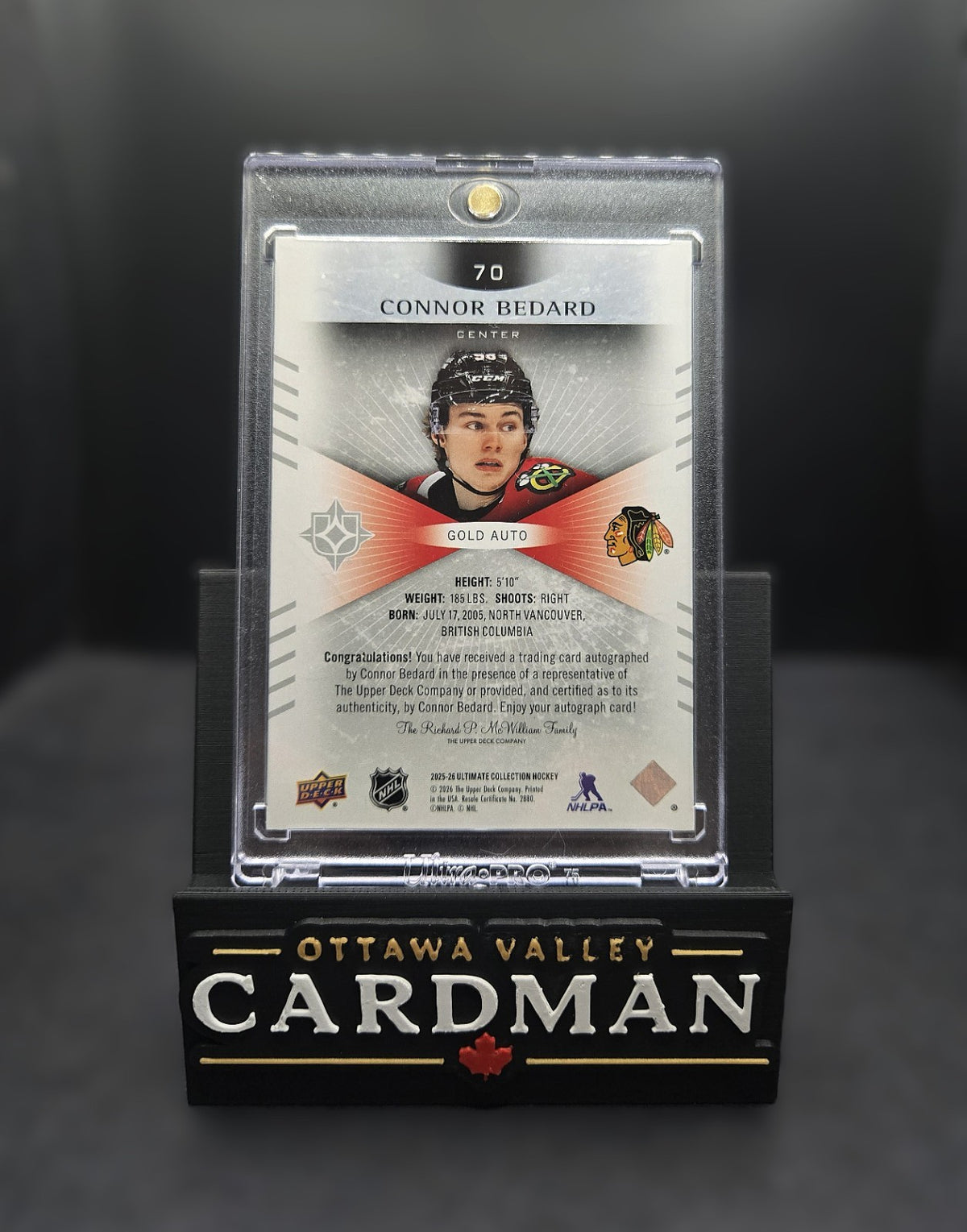 2025-26 Upper Deck Ultimate Connor Bedard Gold Auto /15 #70 Blackhawks