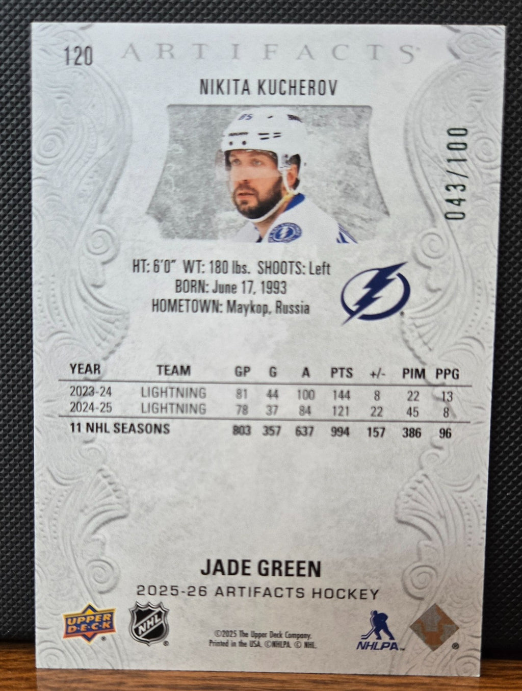 Upper Deck 2025-26 – Artifacts Jade Green /100 – Nikita Kucherov - TB Lightning