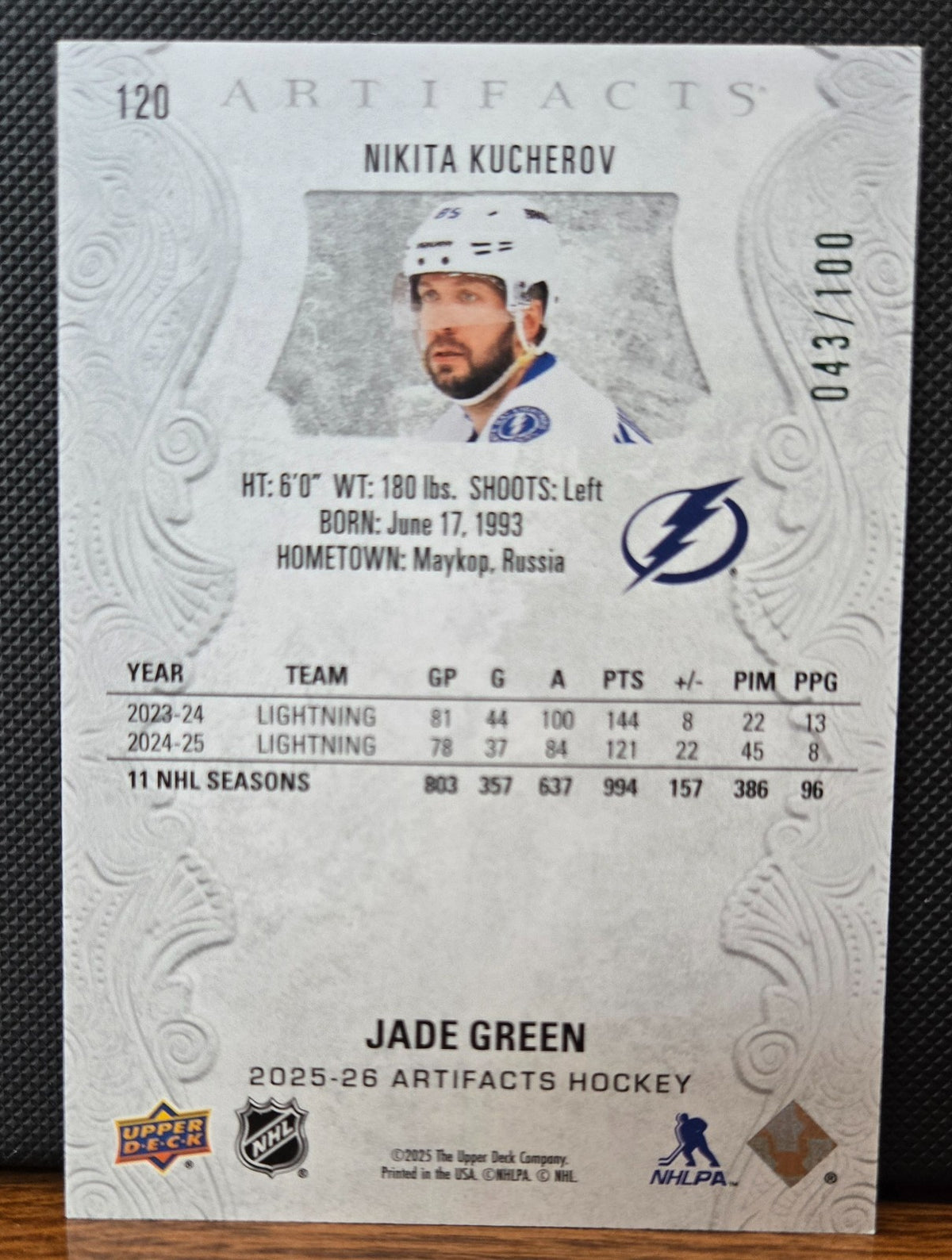 Upper Deck 2025-26 – Artifacts Jade Green /100 – Nikita Kucherov - TB Lightning