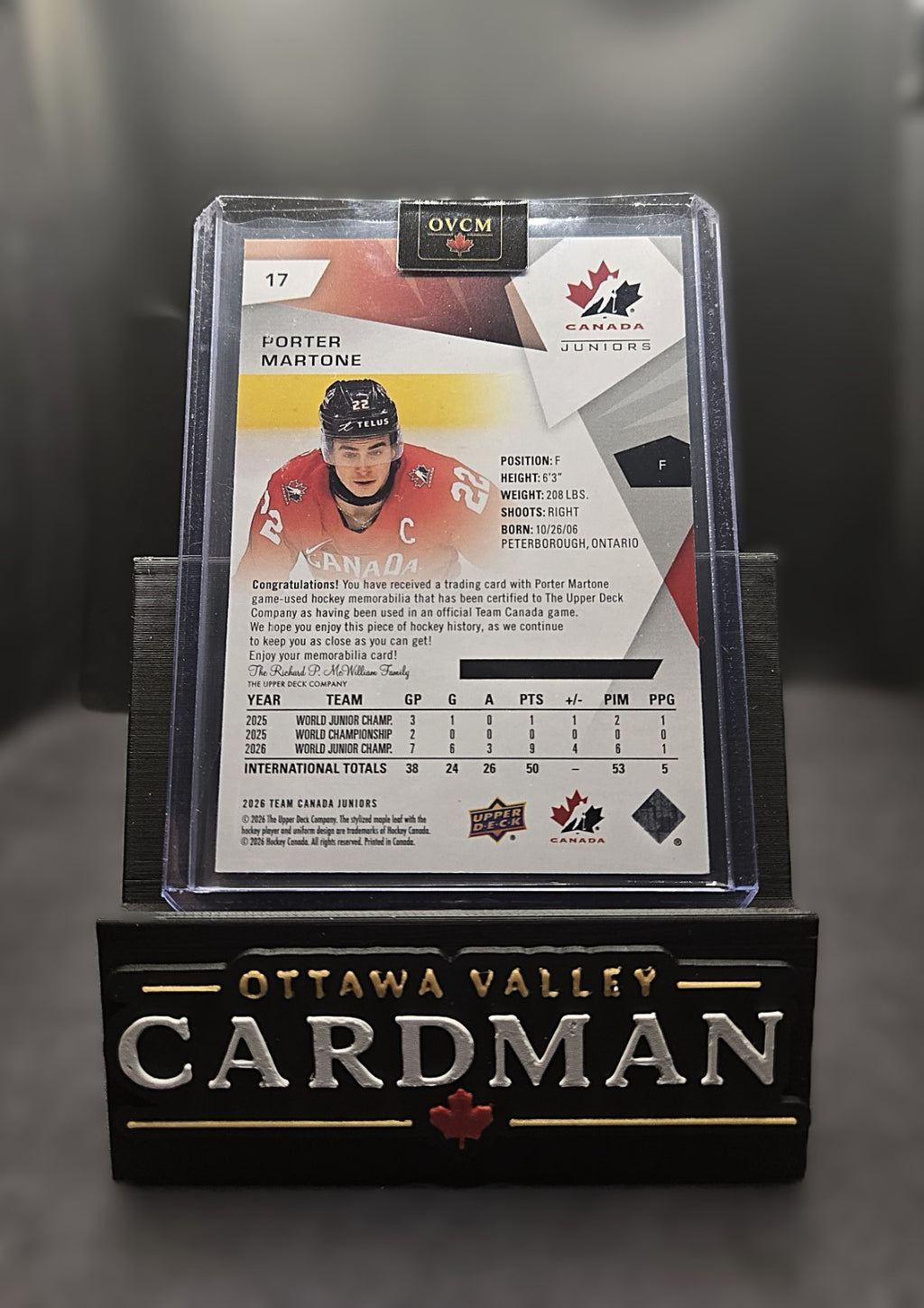 2026 Upper Deck Team Canada Juniors Porter Martone Jersey #17 Flyers, Game Patch
