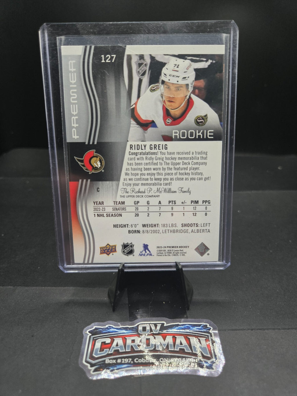 Upper Deck Premier 2023-24 – Ridly Greig Rookie Jersey Patch – Ottawa Senators