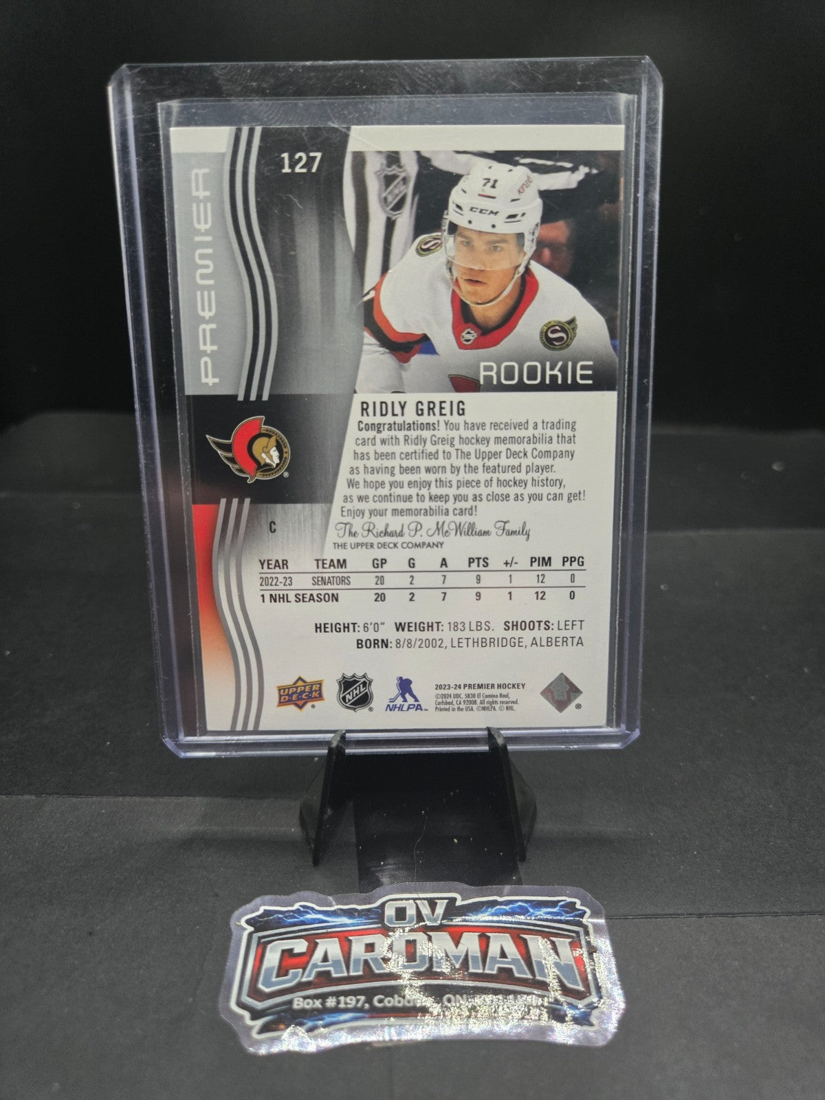 Upper Deck Premier 2023-24 – Ridly Greig Rookie Jersey Patch – Ottawa Senators