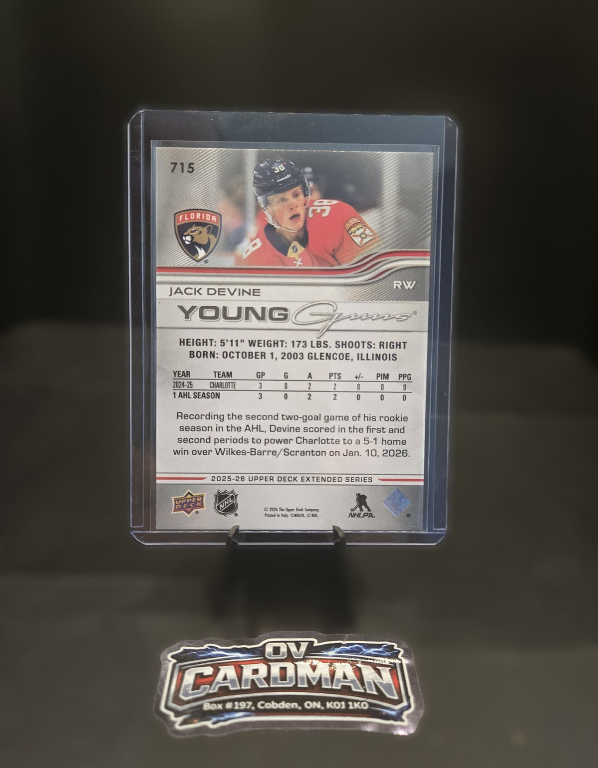 2025-26 Upper Deck Extended Series Young Guns #715 – Jack Devine – Panthers