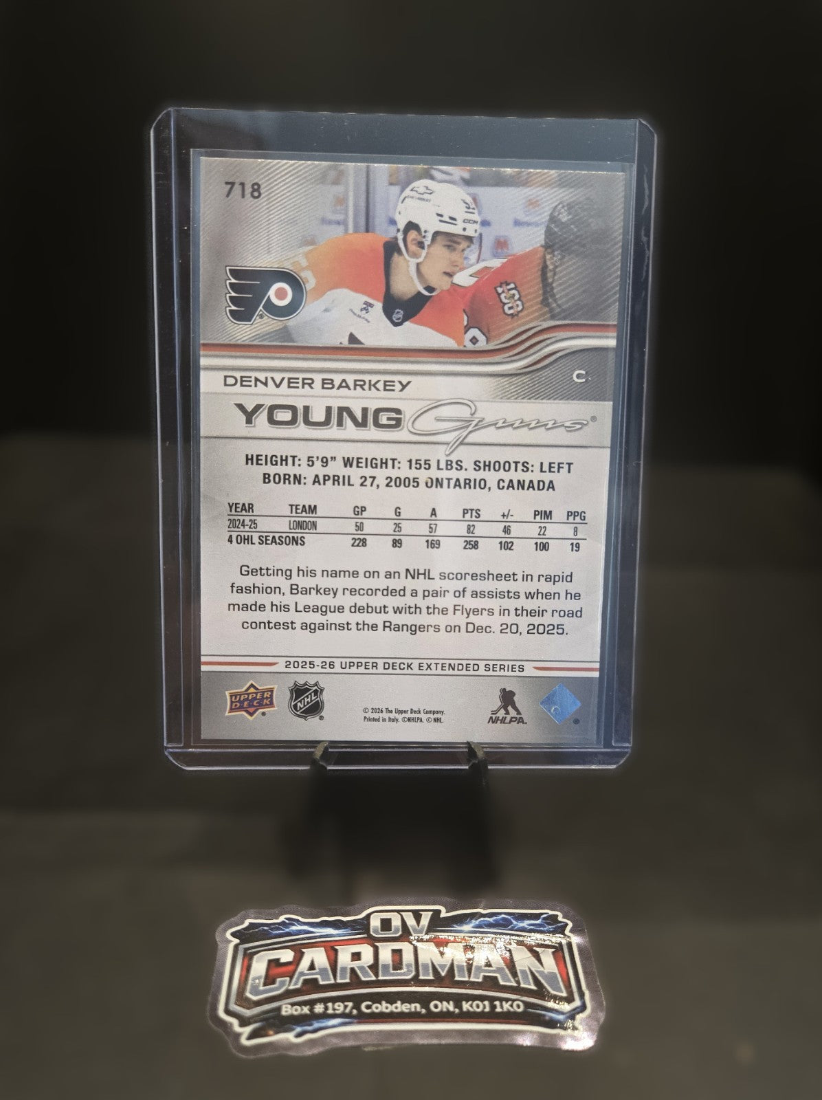 2025-26 Upper Deck Extended Series Young Guns #718 – Denver Barkey – Flyers