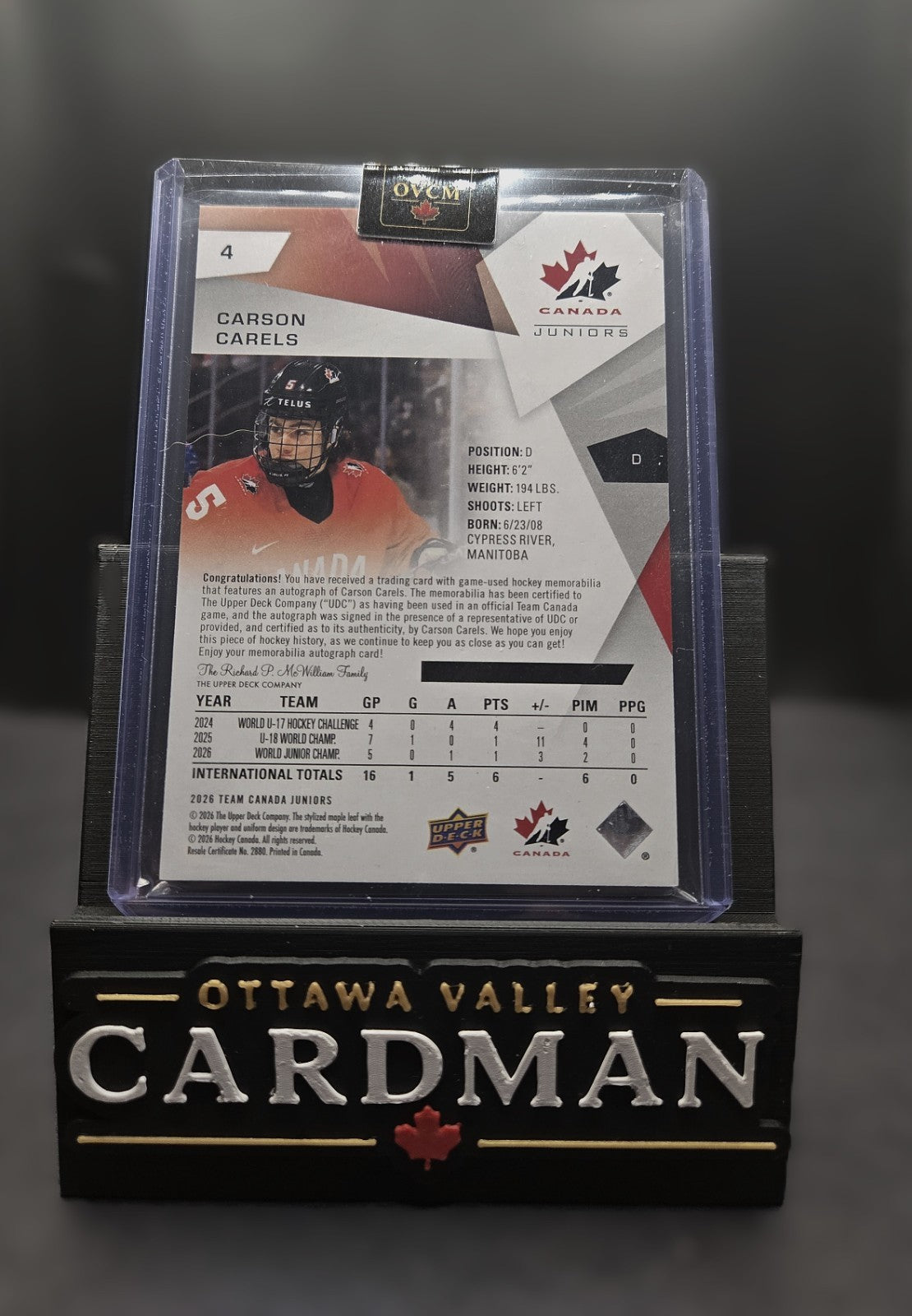 2026 Upper Deck Team Canada Juniors Carson Carels Auto Patch /150 #4 Flames