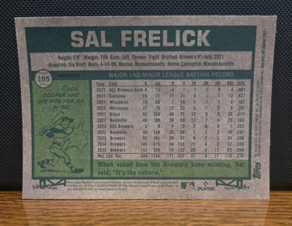 Topps Heritage 2026 – Chrome Refractor – Sal Frelick #195 Milwaukee Brewers