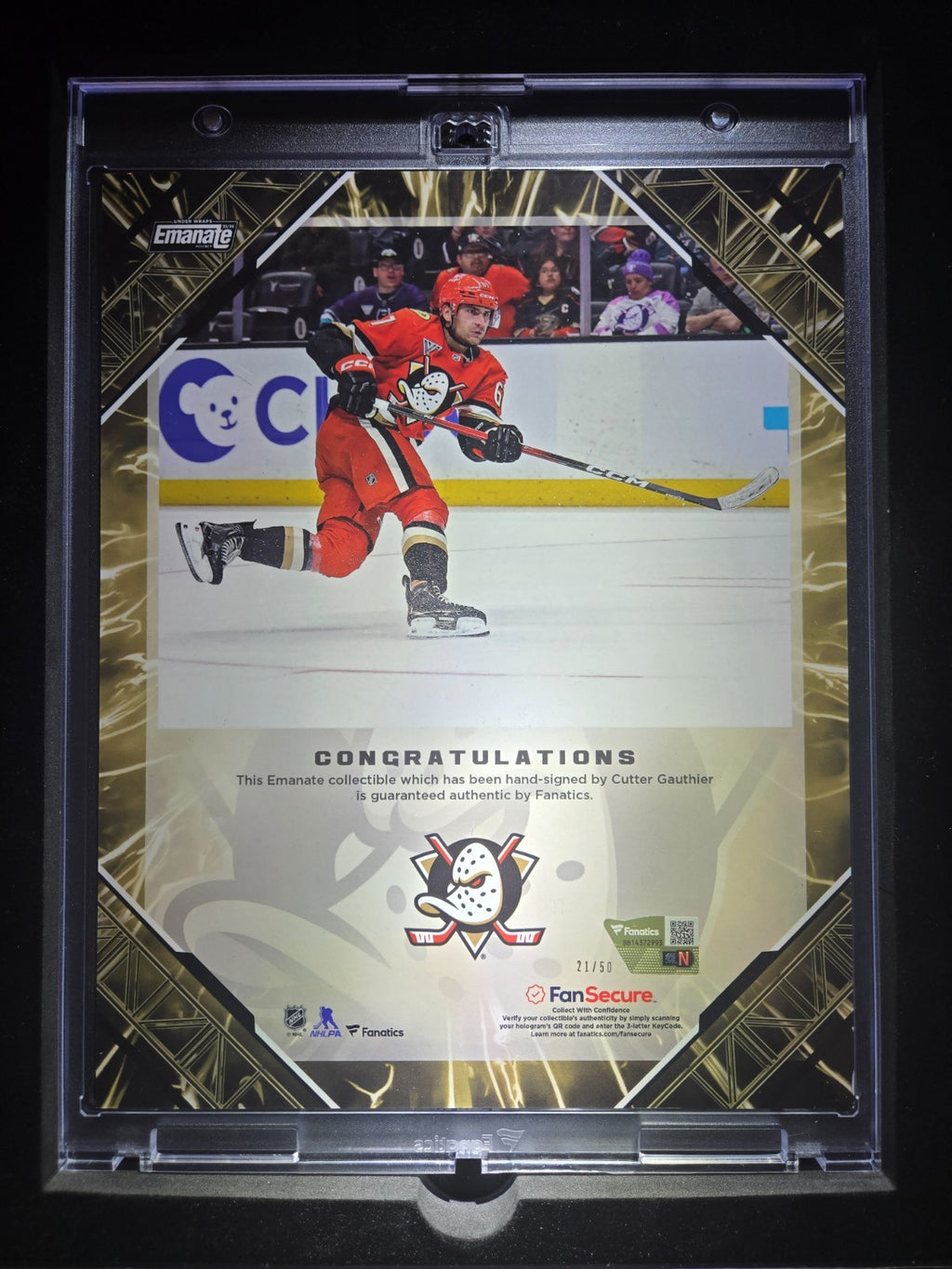 2026 Fanatics Under Wraps Emanate Hockey Cutter Gauthier /50 Gold Anaheim Ducks