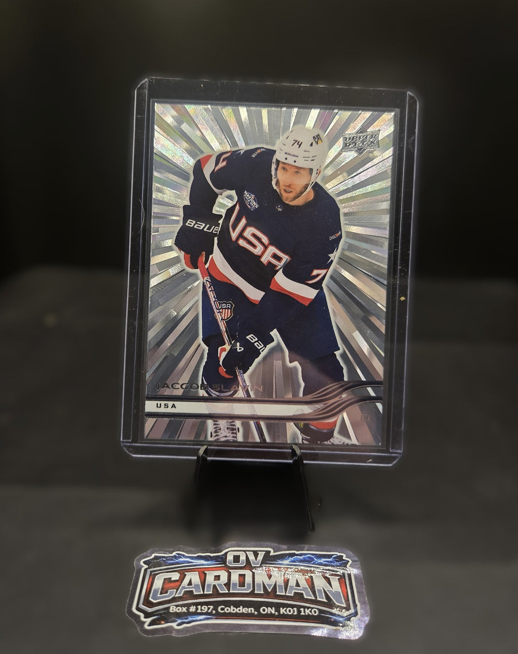 2025-26 Upper Deck Silver Outburst USA Jacob Slavin + Dazzler & OPC Sunset