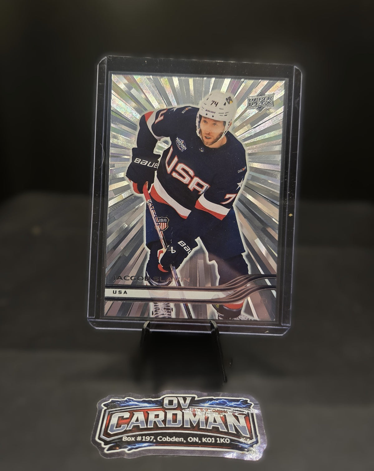 2025-26 Upper Deck Silver Outburst USA Jacob Slavin + Dazzler & OPC Sunset