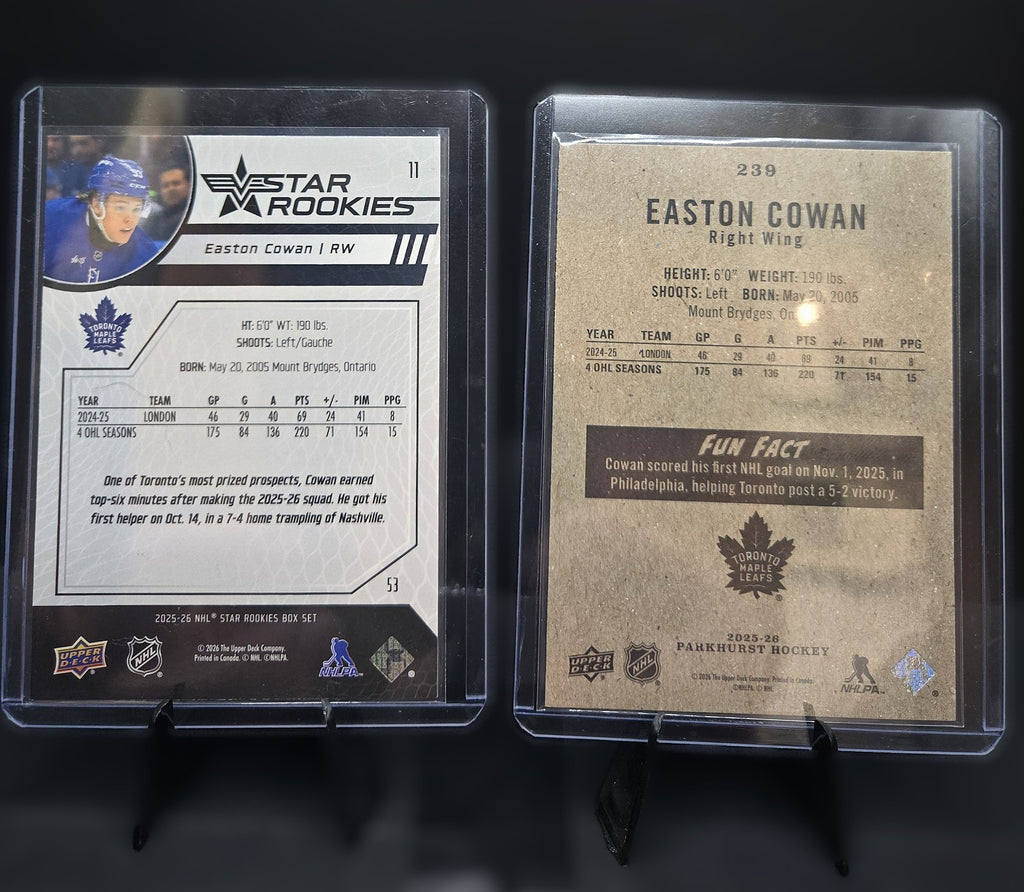 2025-26 Upper Deck Easton Cowan Star Rookies & Parkhurst RC Lot | Maple Leafs