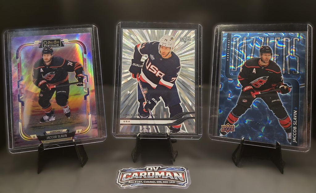 2025-26 Upper Deck Silver Outburst USA Jacob Slavin + Dazzler & OPC Sunset