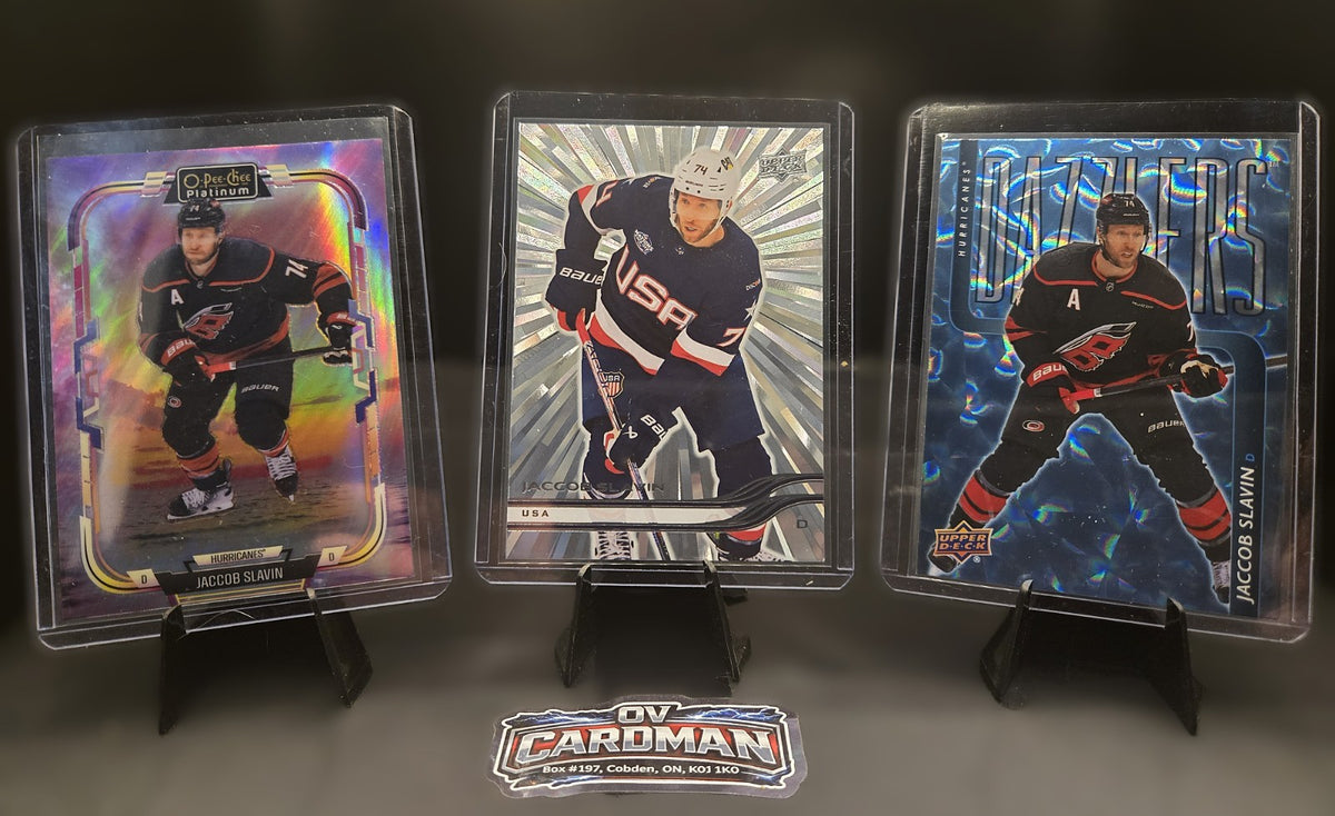 2025-26 Upper Deck Silver Outburst USA Jacob Slavin + Dazzler & OPC Sunset